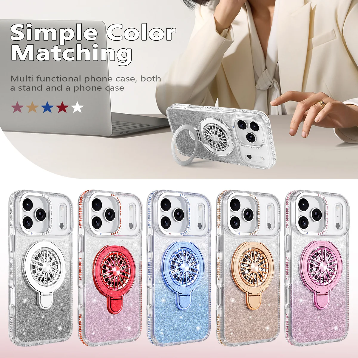 cross-border compatible with Apple iPhone17 Pro Max Yousheng colorful rhinestone rotating spinner kickstand phone case