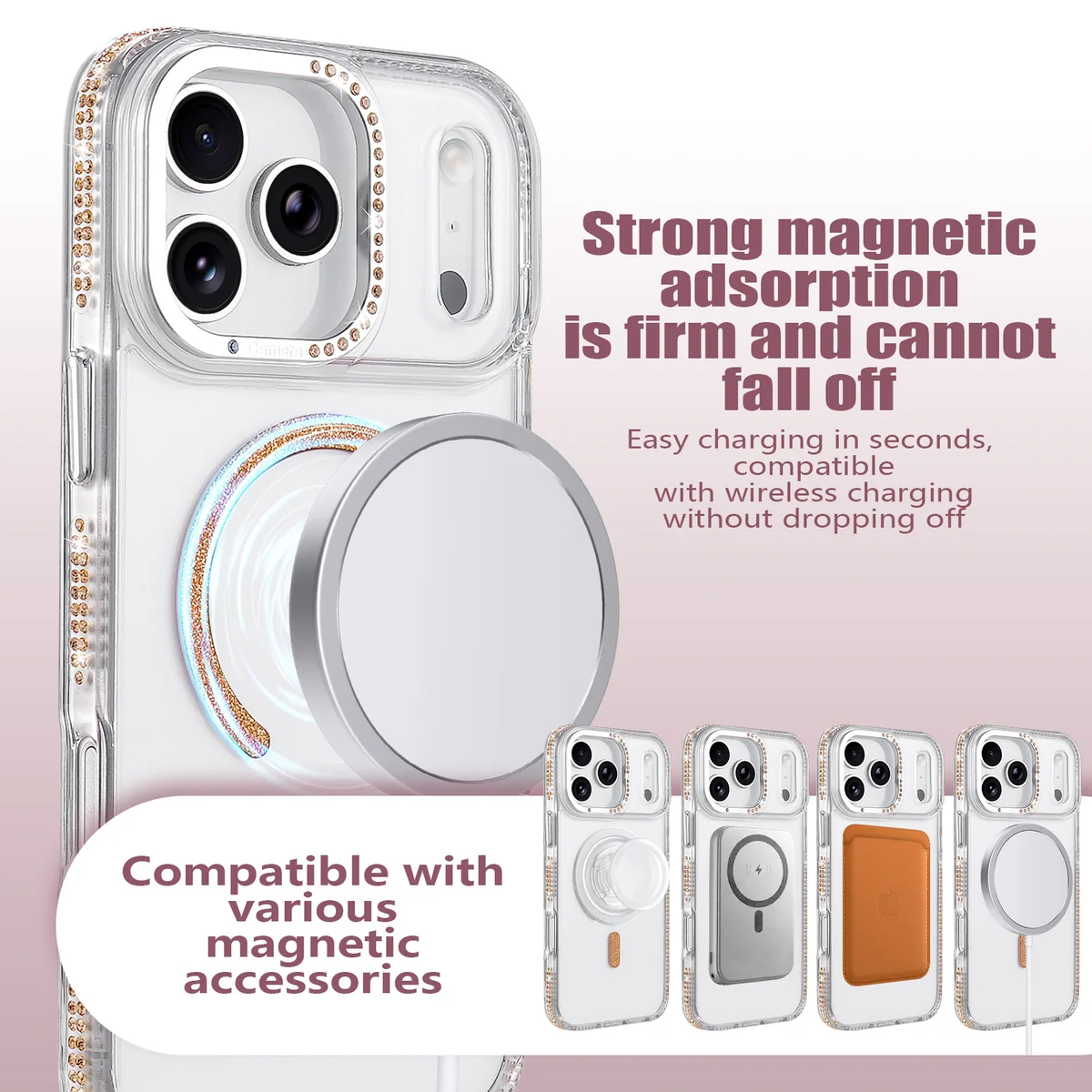 cross-border compatible with Apple iPhone17 Pro Max Yousheng colorful rhinestone glitter magnetic attachment phone case wireless