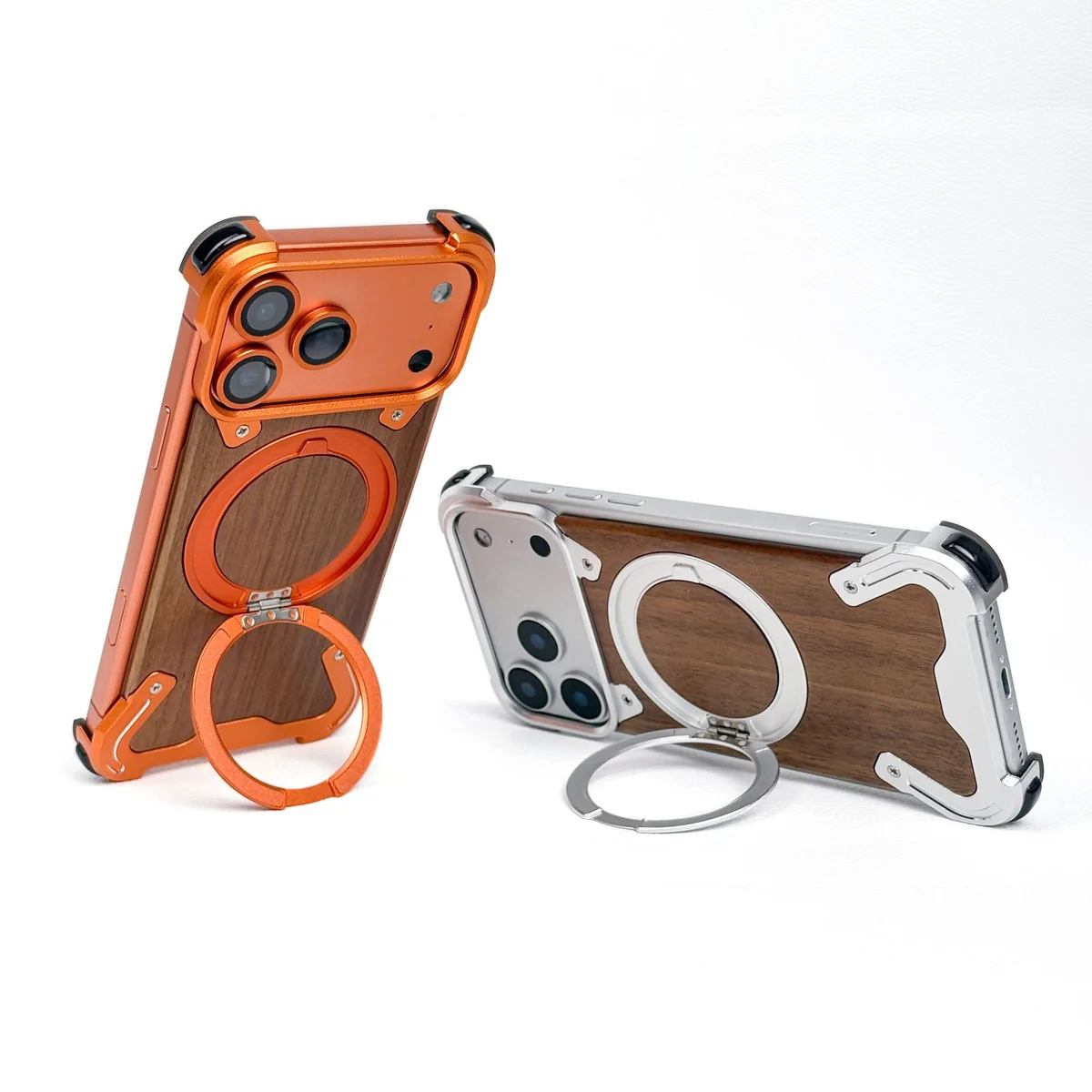 titanium alloy borderless wood-grain armor texture 360 magnetic ring kickstand shockproof phone case compatible with Apple IP 17 PRO MA