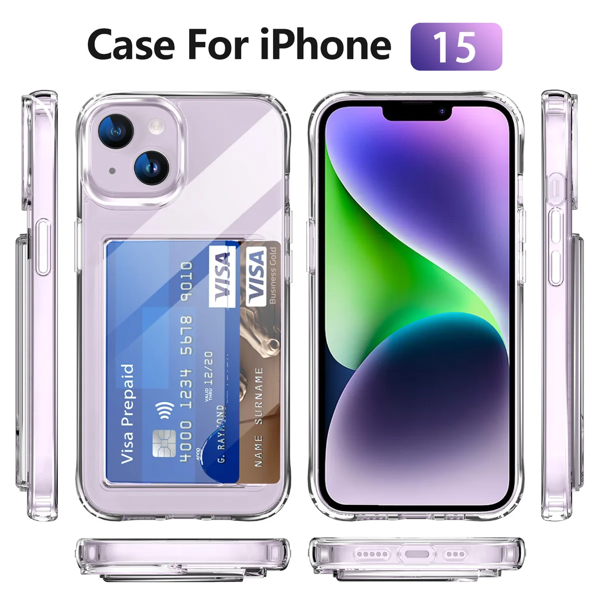 cross-border compatible with Apple iphone15 6.1 reinforced-corner shockproof acrylic card slot holds two cards phone case