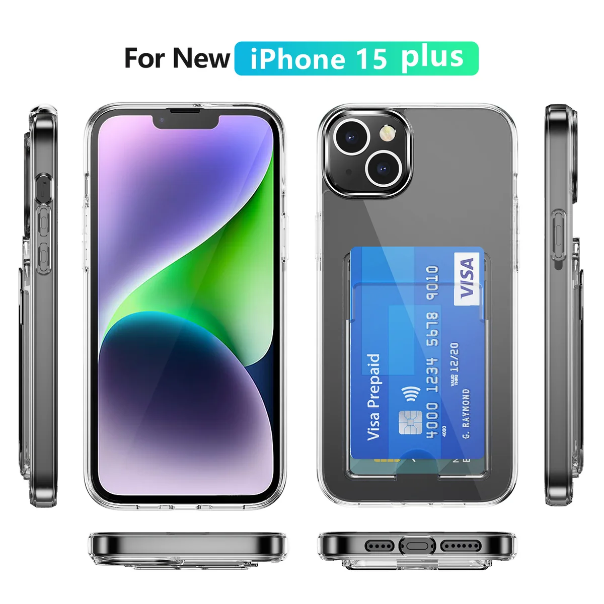 cross-border compatible with Apple iPhone15Plus minimalist crystal-clear card slot transparent shockproof phone case holds two cards