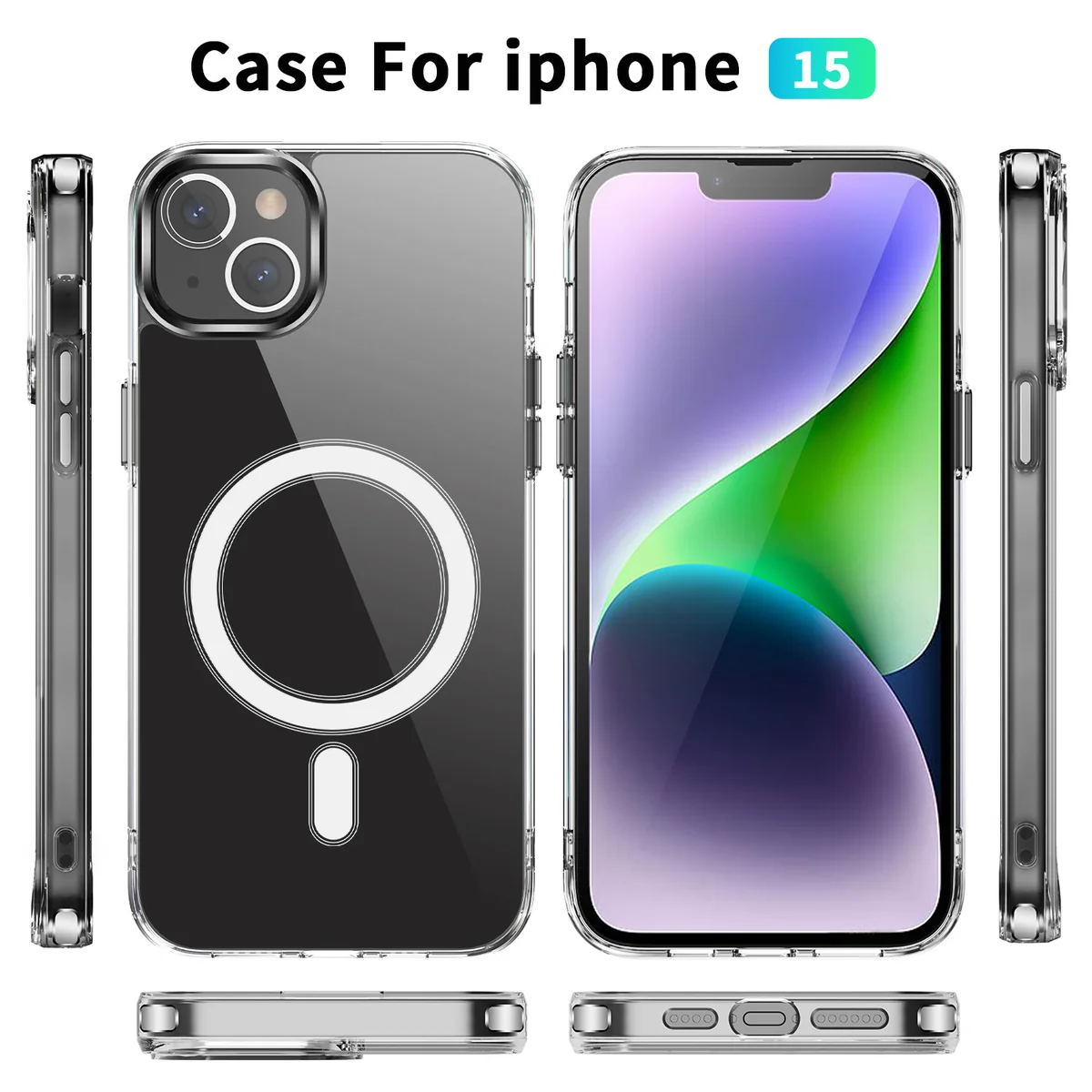 cross-border compatible with Apple iphone15 crystal-clear shockproof 2.0 with magnetic ring phone case wireless charging in stock