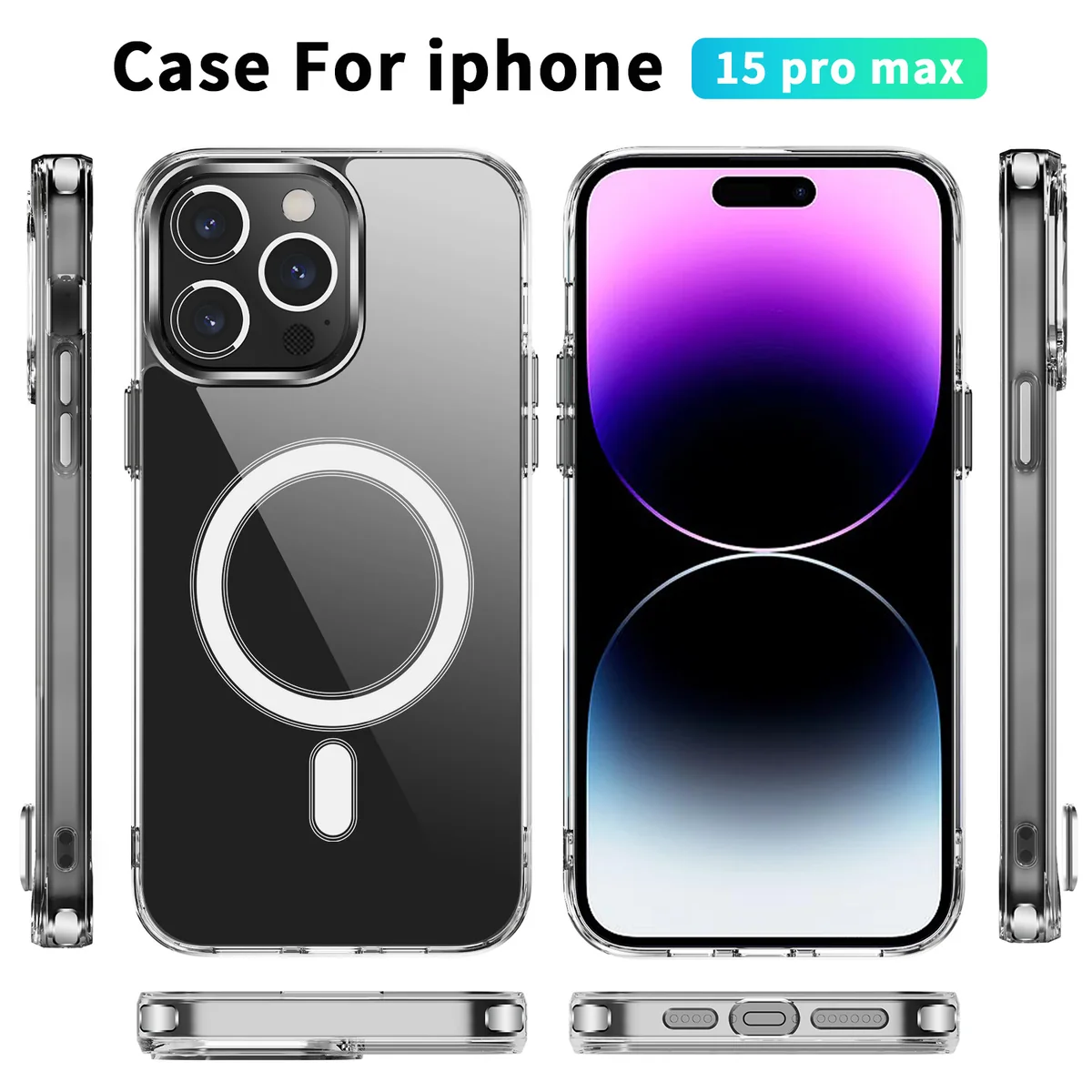 cross-border compatible with Apple iphone15Pro Max crystal-clear shockproof 2.0 with magnetic ring phone case wireless charging
