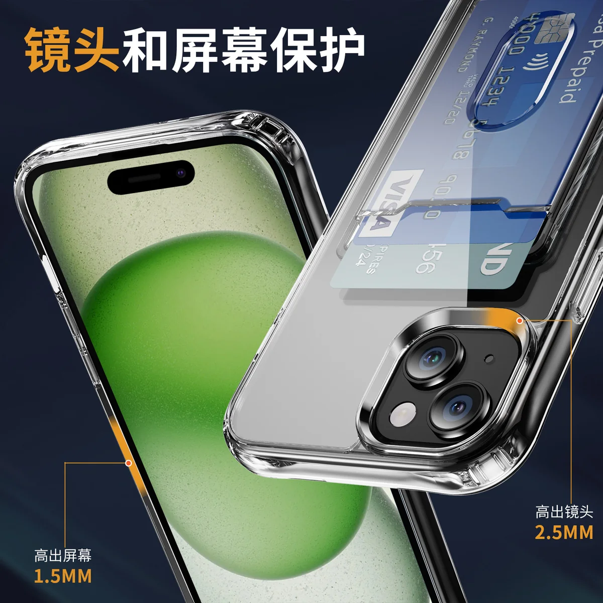 cross-border compatible with Apple iphone15 reinforced-corner shockproof acrylic + vertical card slot B style phone case holds two cards