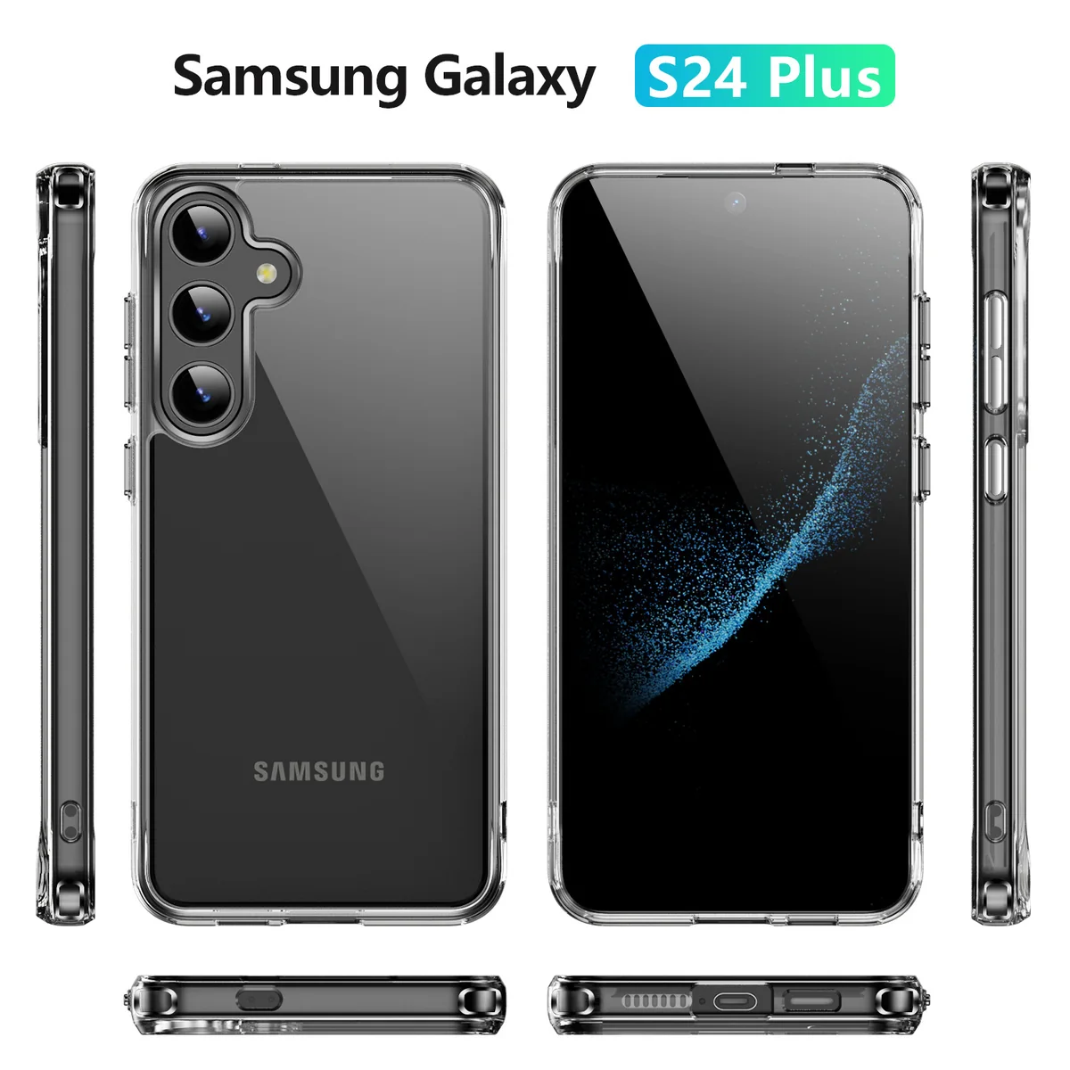 cross-border compatible with Samsung S24Plus crystal-clear shockproof 2.0 German anti-yellowing material transparent phone case electroplated buttons