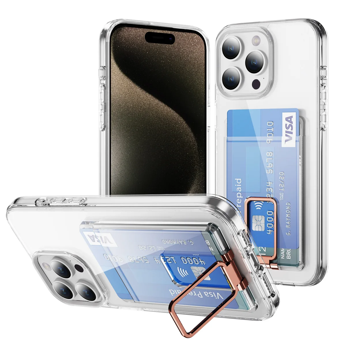 cross-border compatible with Apple iPhone15 PRO Max minimalist crystal-clear card holder kickstand transparent shockproof phone case