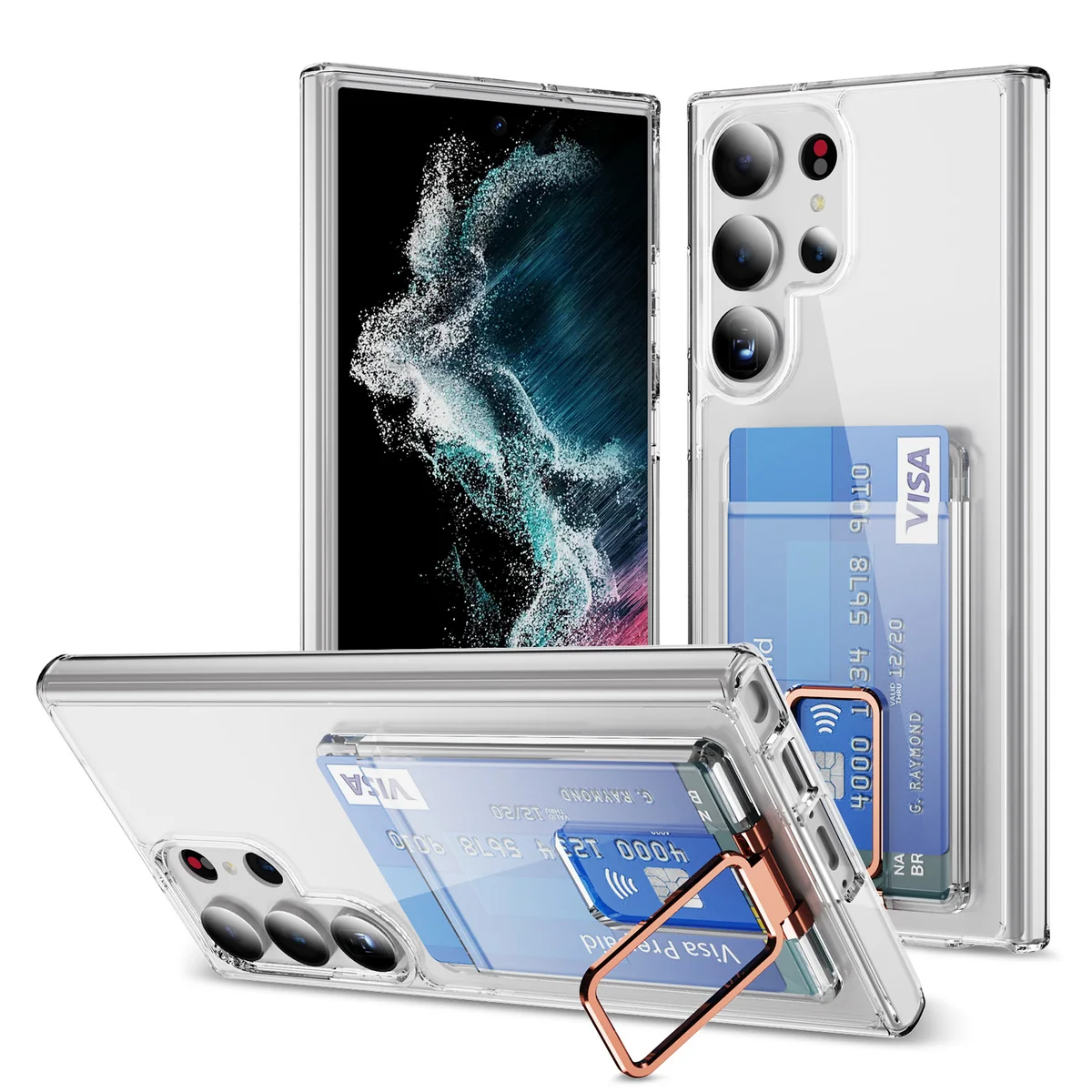 cross-border compatible with Samsung S23Ultra minimalist crystal-clear card holder kickstand transparent shockproof phone case insertable two cards