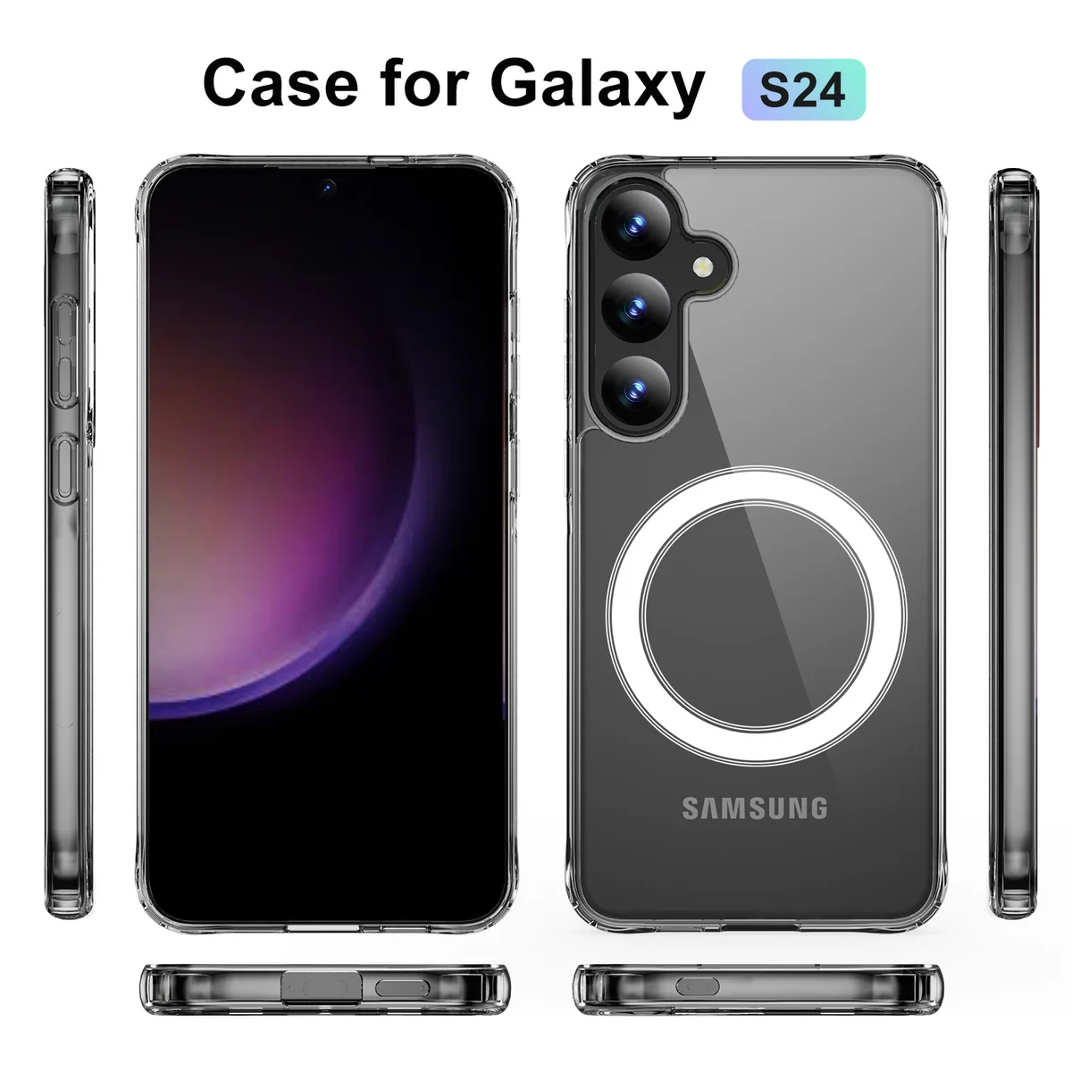 cross-border compatible with Samsung S24 reinforced-corner shockproof with magnetic ring ultra-clear shockproof phone case wireless charging non-yellowing