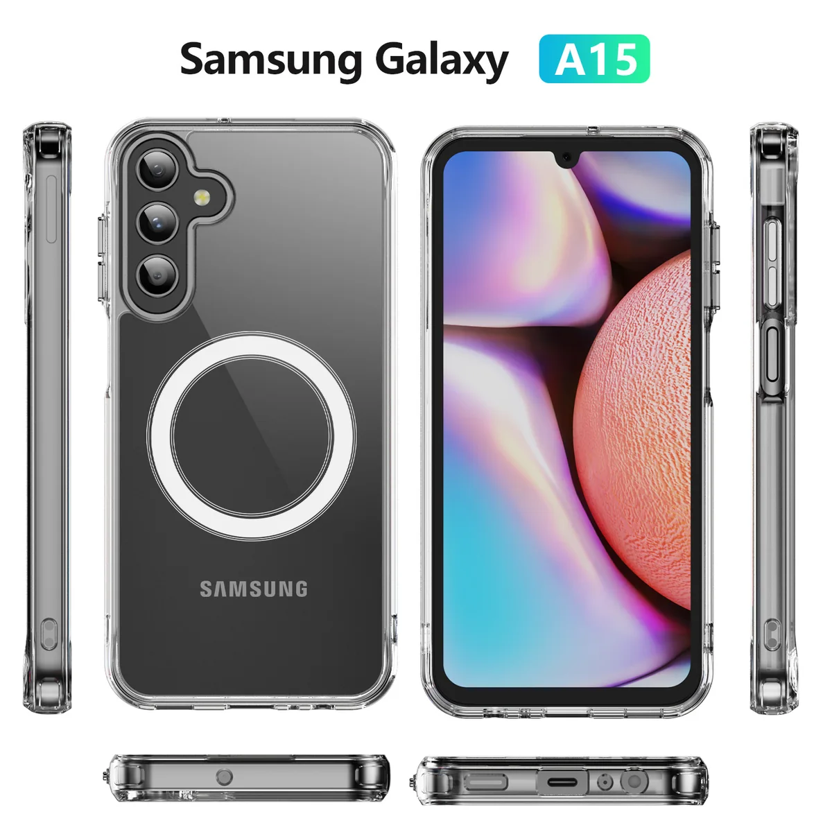 cross-border compatible with Samsung A15 crystal-clear shockproof 2.0 thickness with magnetic ring imported from Germany anti-yellowing material phone case