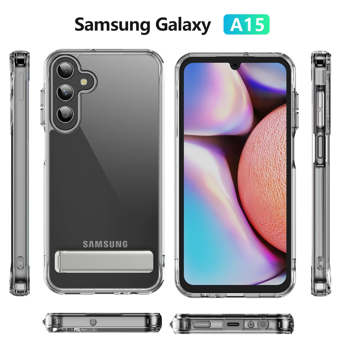 cross-border compatible with Samsung A15 crystal-clear shockproof 2.0 kickstand German anti-yellowing material phone case electroplated buttons
