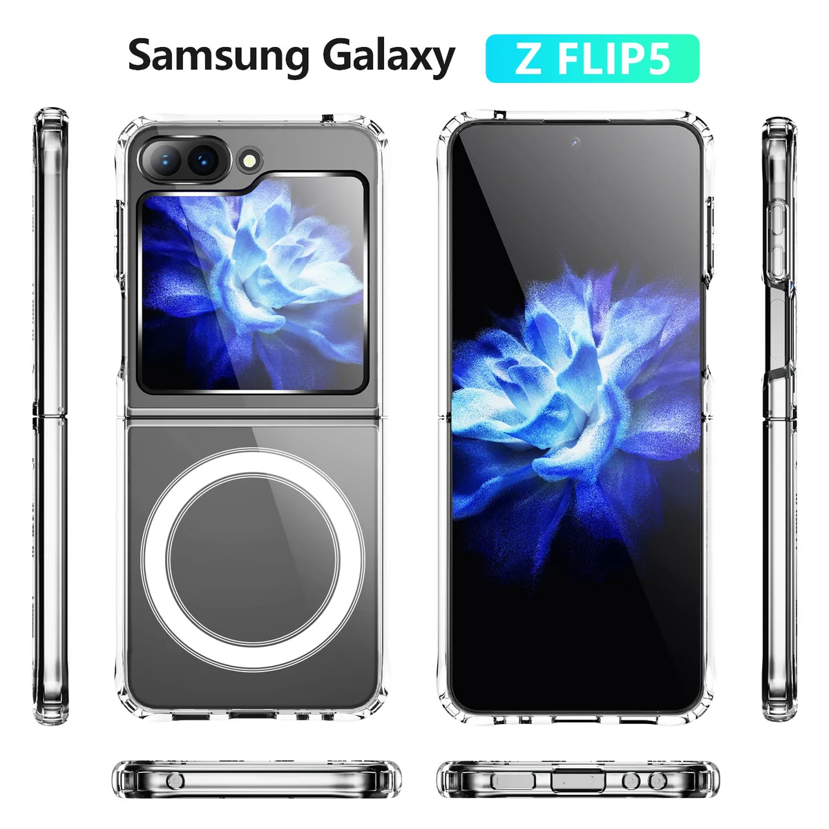 cross-border compatible with Samsung Z Flip5 reinforced-corner shockproof with magnetic ring ultra-clear shockproof phone case wireless charging