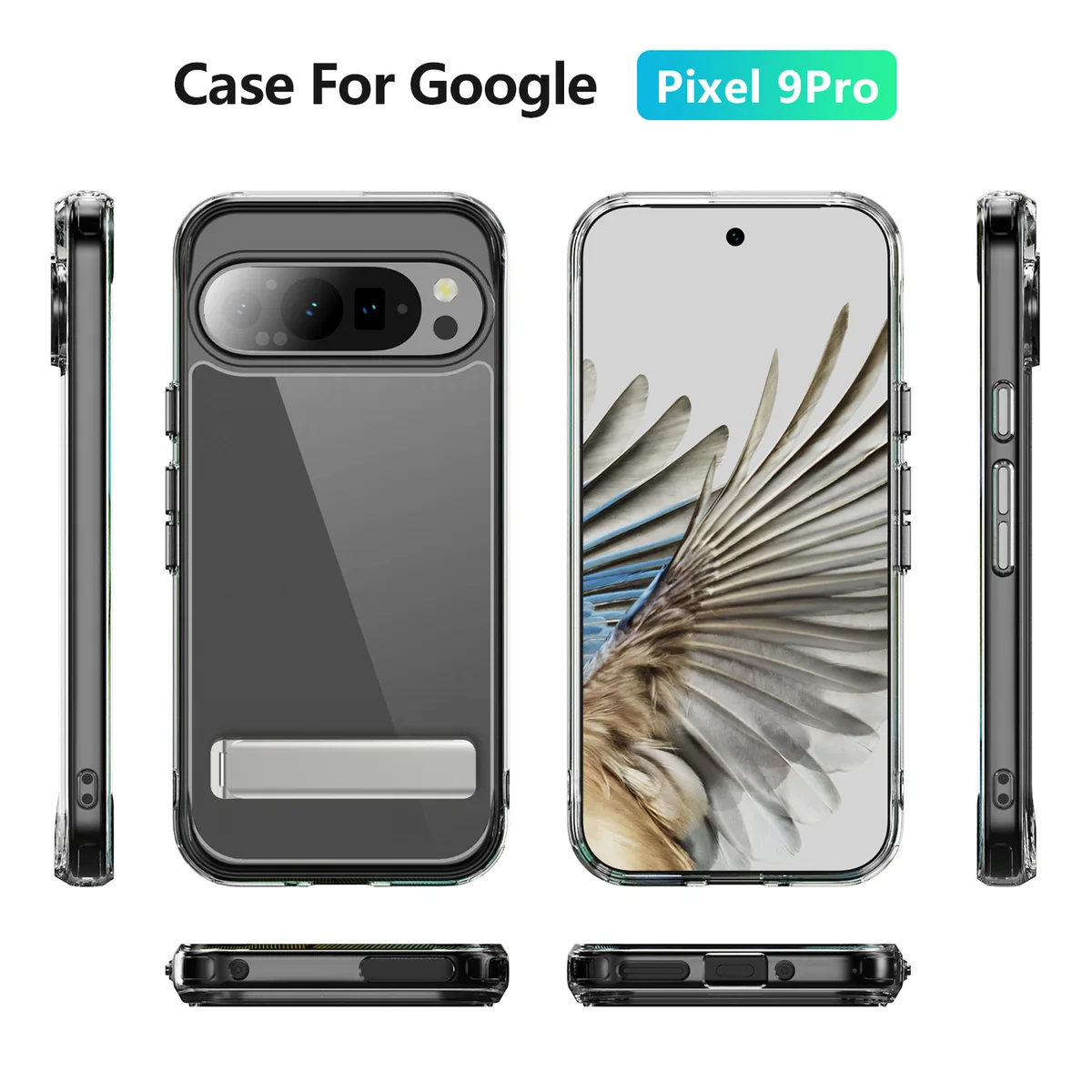 cross-border compatible with Google Pixel 9 PRO crystal-clear shockproof 2.0 kickstand German anti-yellowing material phone case ultra-clear