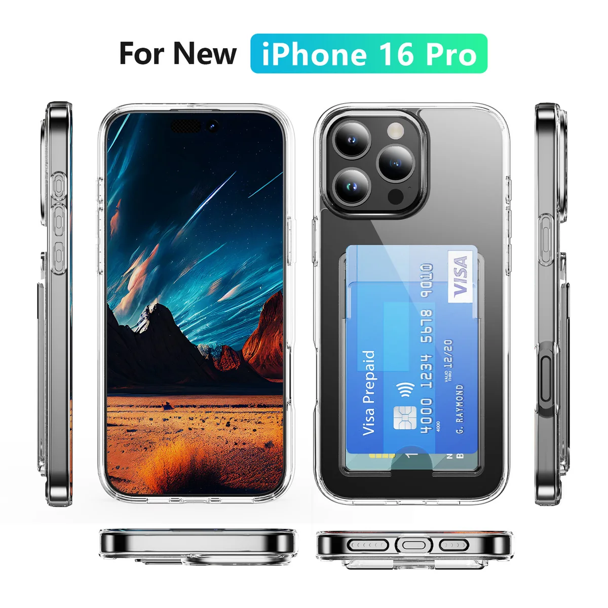 cross-border compatible with Apple iPhone16 Pro minimalist crystal-clear card slot transparent shockproof phone case holds two cards