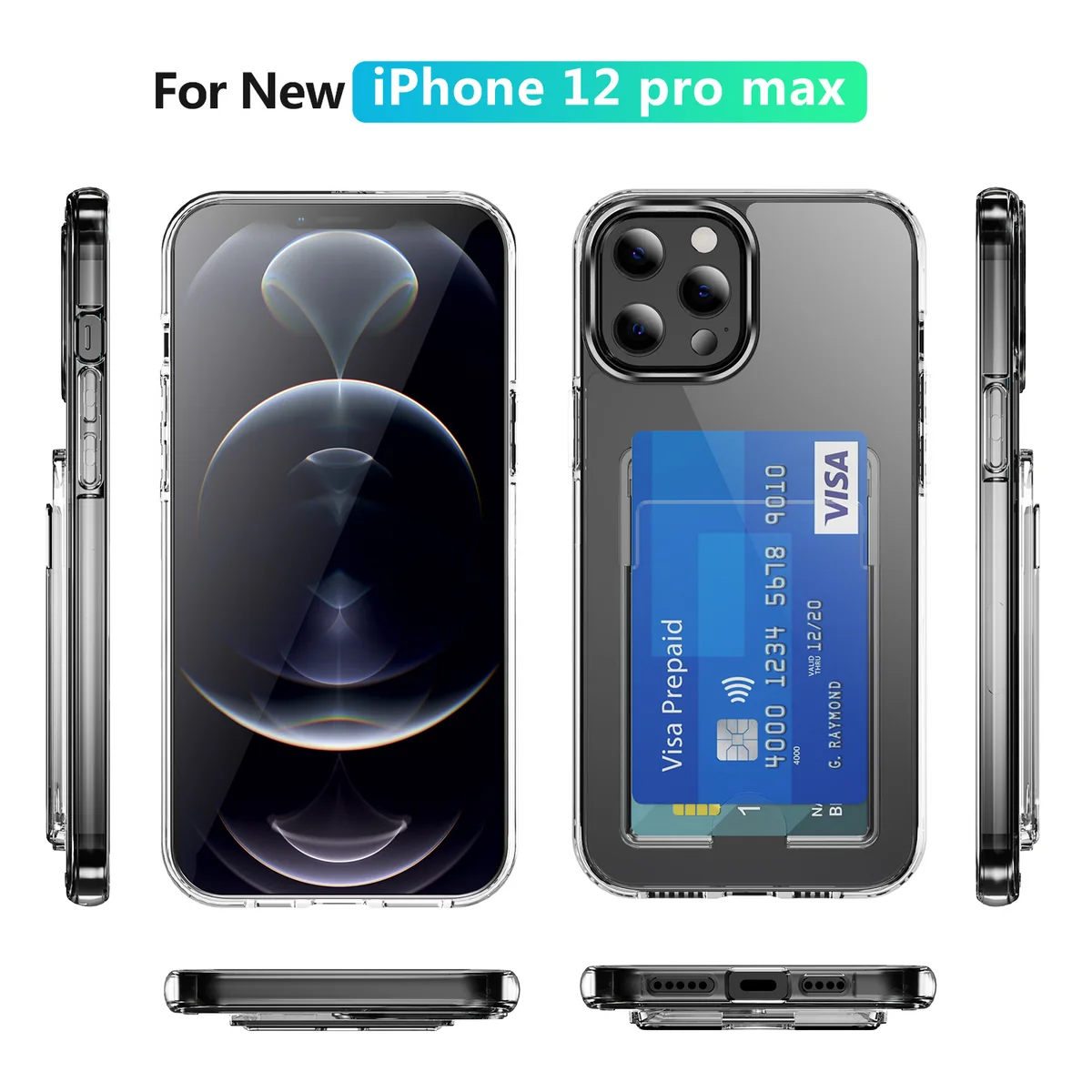 cross-border compatible with Apple IP12Pro Max minimalist crystal-clear vertical card slot transparent case shockproof phone case two cards