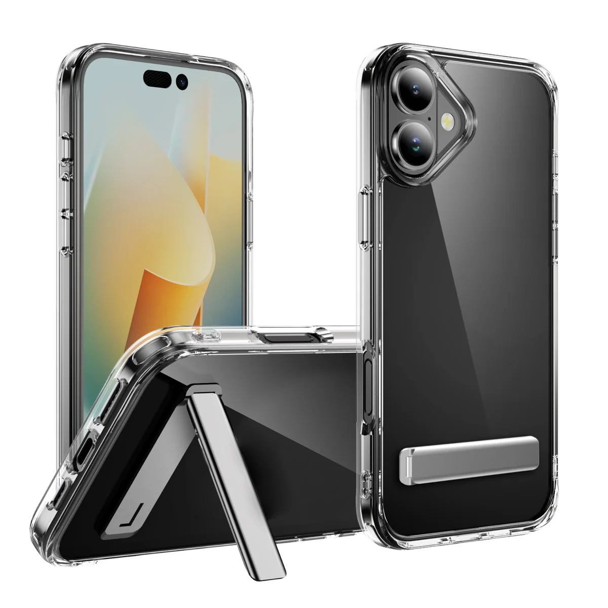 cross-border compatible with Apple iPhone16Plus crystal-clear shockproof 2.0 metal buttons kickstand transparent phone case