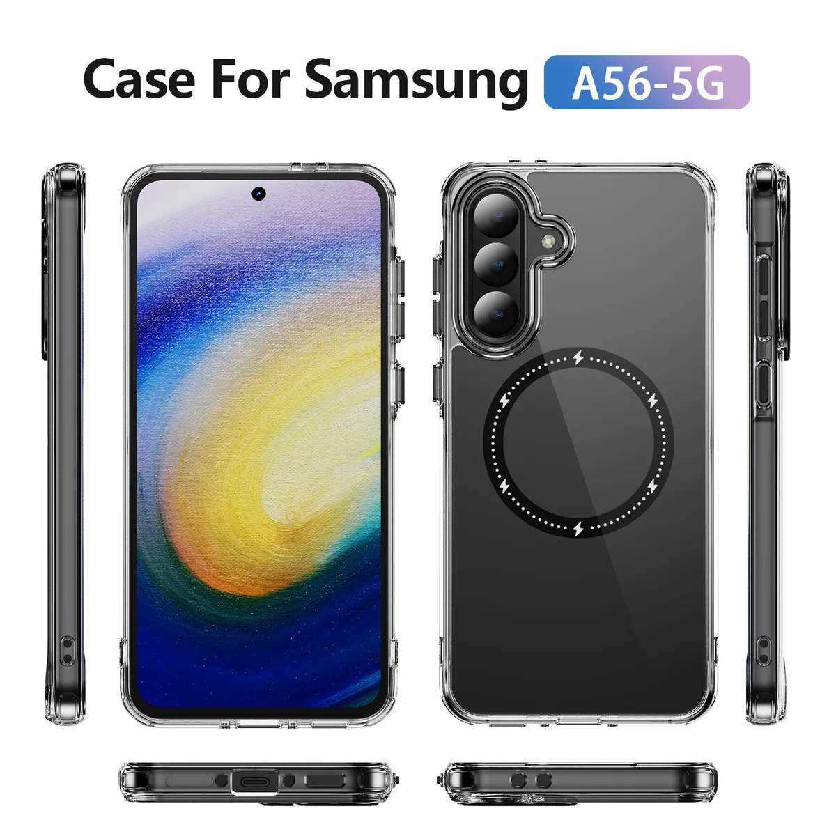 cross-border compatible with Samsung A56 5G Phantom glitter magnetic ring large camera opening magnetic attachment case transparent phone case shockproof