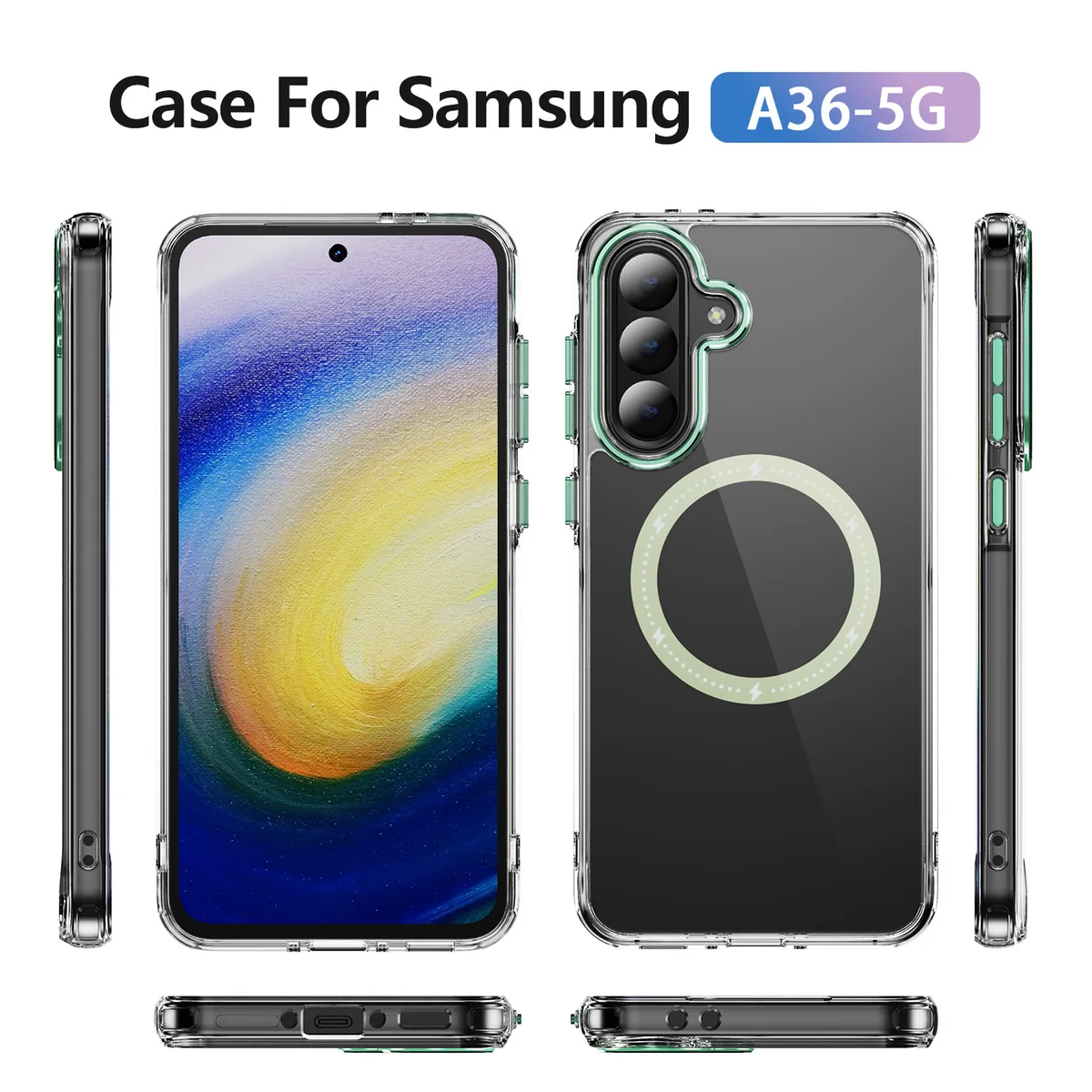 cross-border compatible with Samsung A36 5G Phantom glitter magnetic ring large camera opening magnetic attachment case transparent phone case shockproof