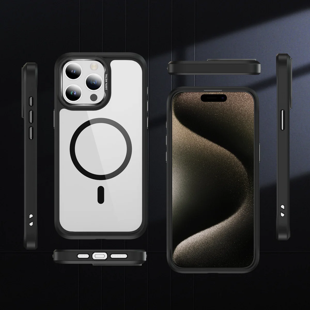 cross-border compatible with IP15ProMax camera lens guard ultra-clear magnetic ring shockproof phone case wireless charging metal camera frame