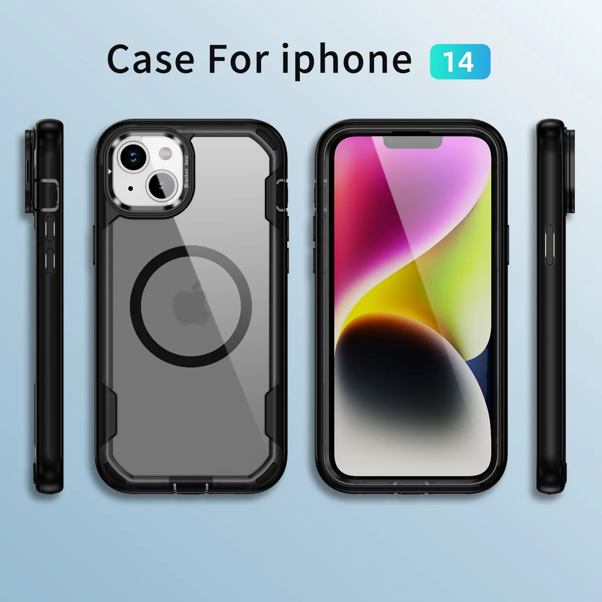 cross-border compatible with Apple iPhone14 rugged triple protection magnetic attachment camera-ring kickstand wireless charging soft-touch phone case