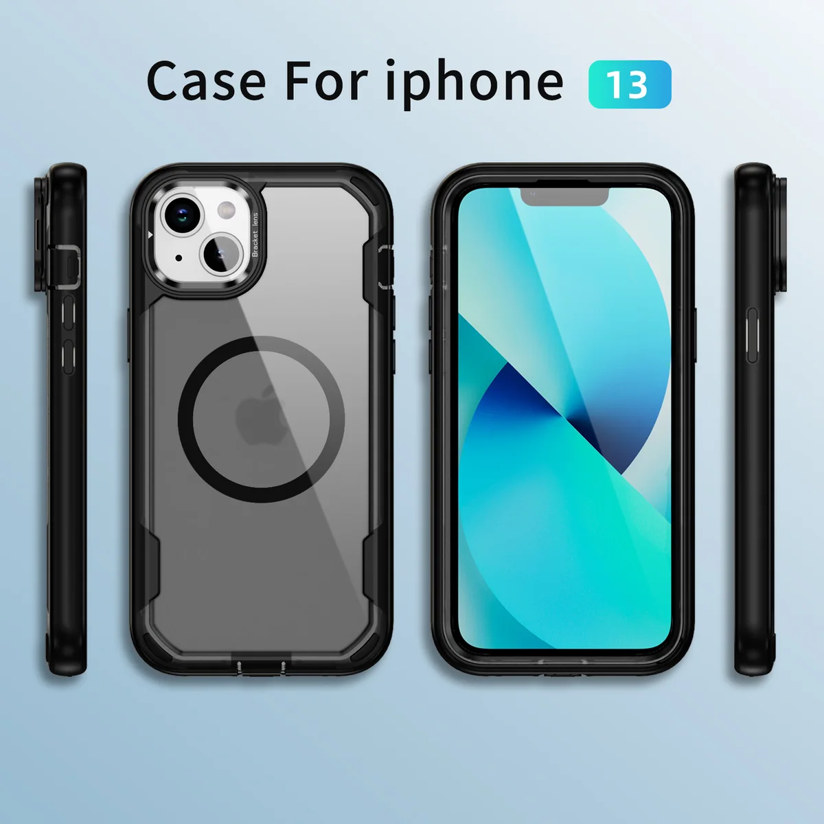 cross-border compatible with Apple iPhone13 rugged triple protection magnetic attachment camera-ring kickstand wireless charging soft-touch phone case armor