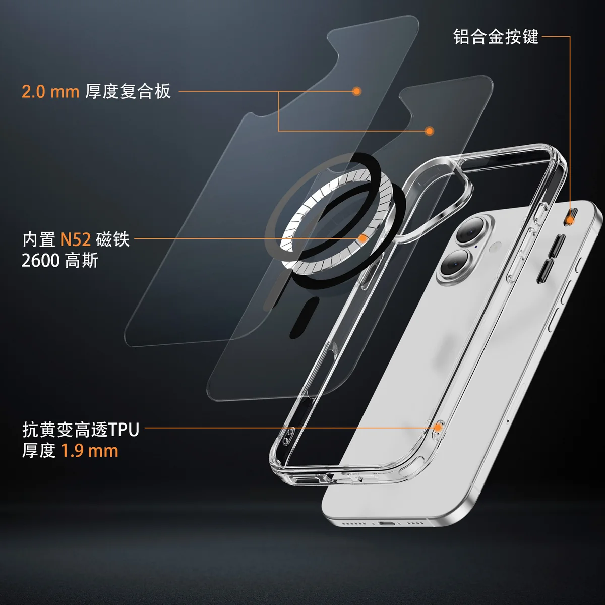 cross-border compatible with iPhone16Plus Crystal Style ultra-clear scratch-resistant shockproof phone case composite backplate 2.0 built-in magnet