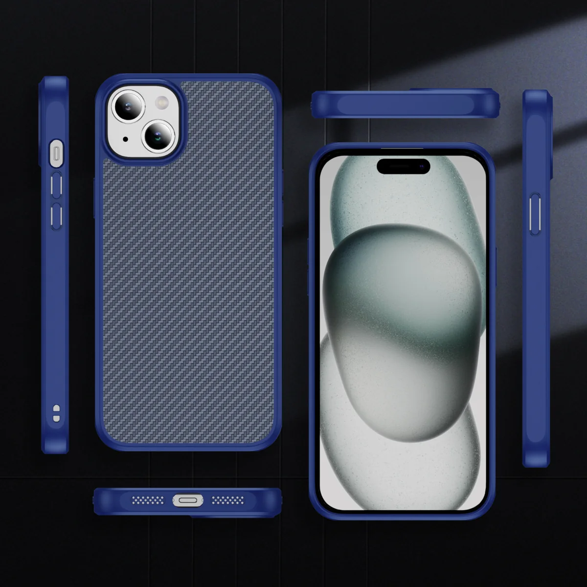 cross-border compatible with Apple iPhone15 Plus EyeShip carbon-fiber texture soft-touch magnetic ring wireless charging phone case
