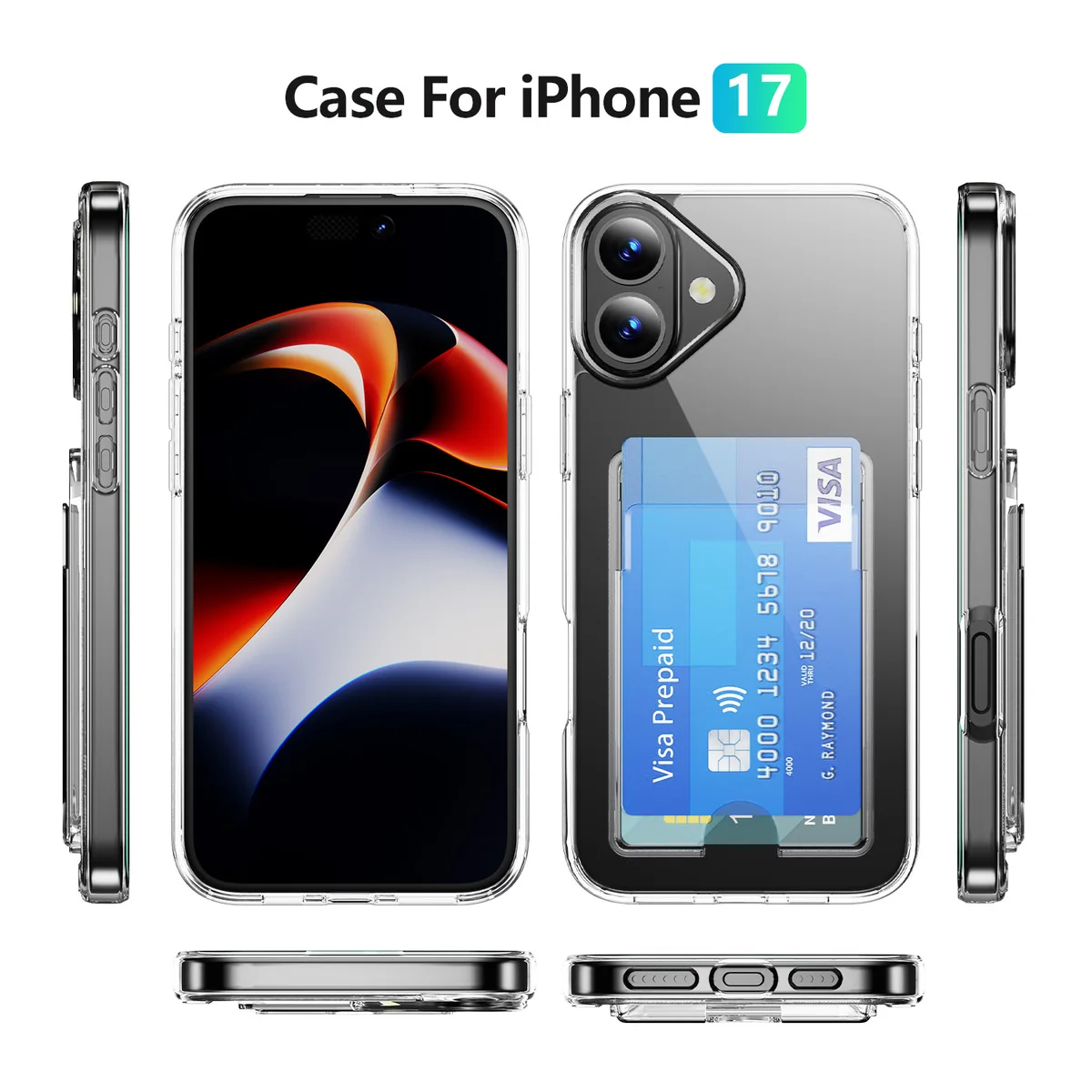 cross-border compatible with Apple iPhone17 minimalist crystal-clear vertical card slot transparent shockproof phone case holds two cards