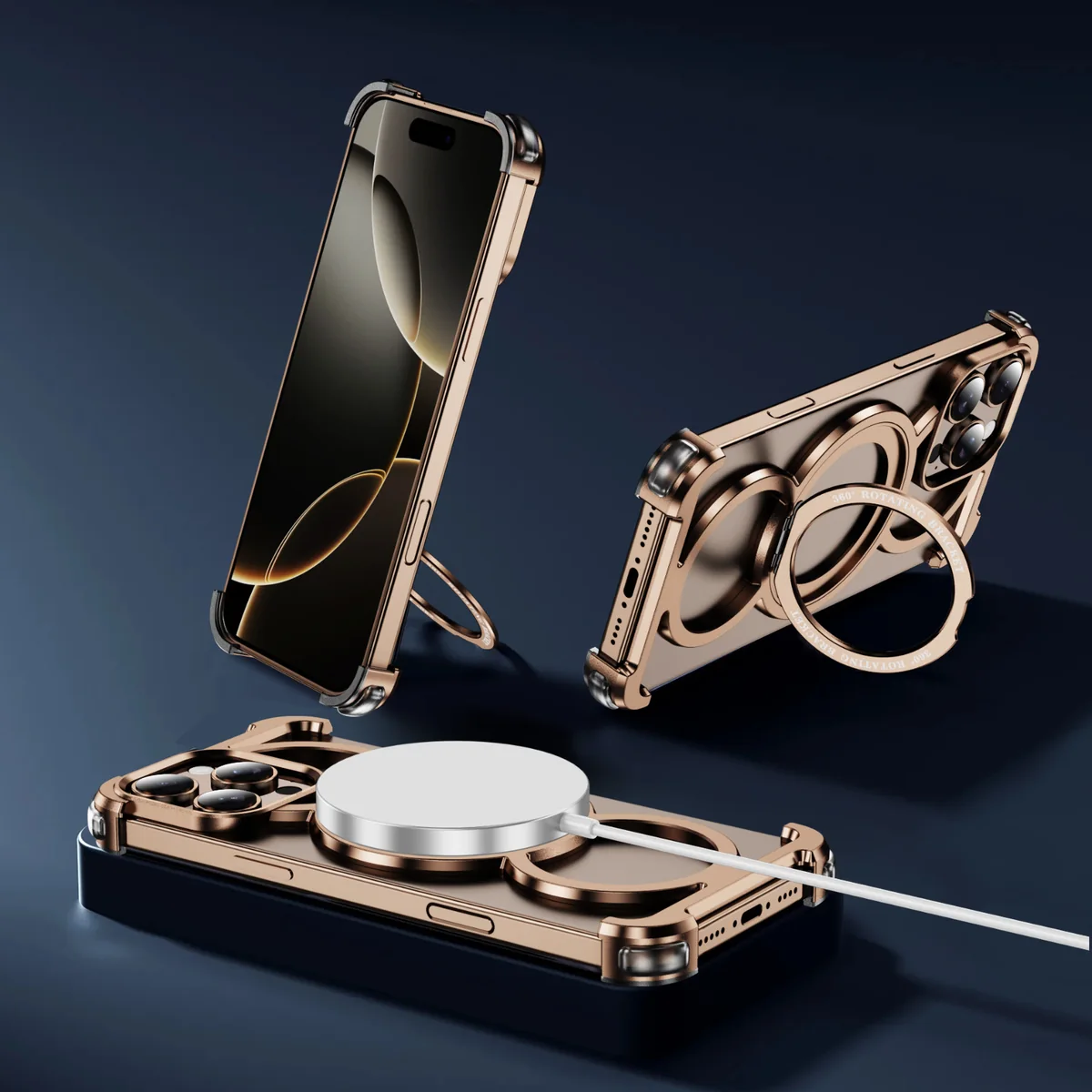 titanium alloy armor kickstand shockproof shock-absorbing magnetic ring phone case wireless charging compatible with Apple IP16 Pro Max