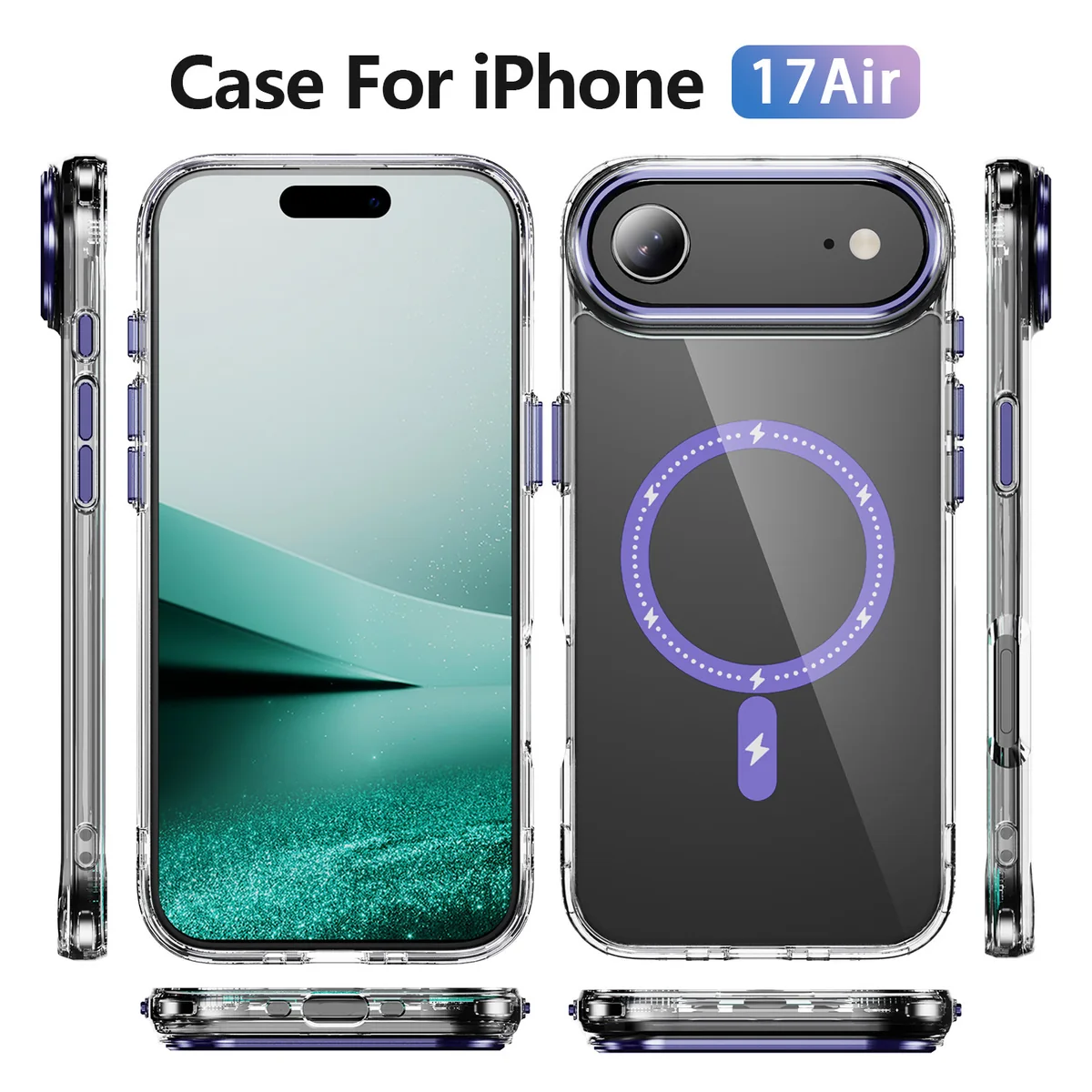 cross-border compatible with iPhone 17Air Phantom glitter magnetic ring large camera opening magnetic attachment case transparent phone case wireless charging