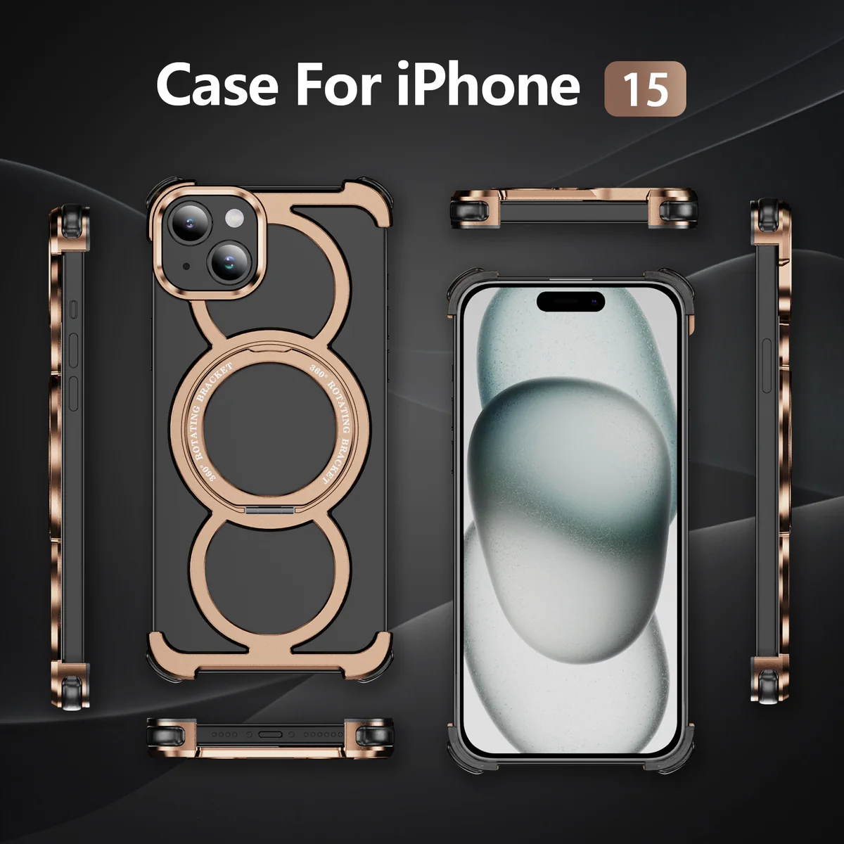 titanium alloy armor kickstand shockproof shock-absorbing magnetic ring phone case wireless charging compatible with Apple iPhone15