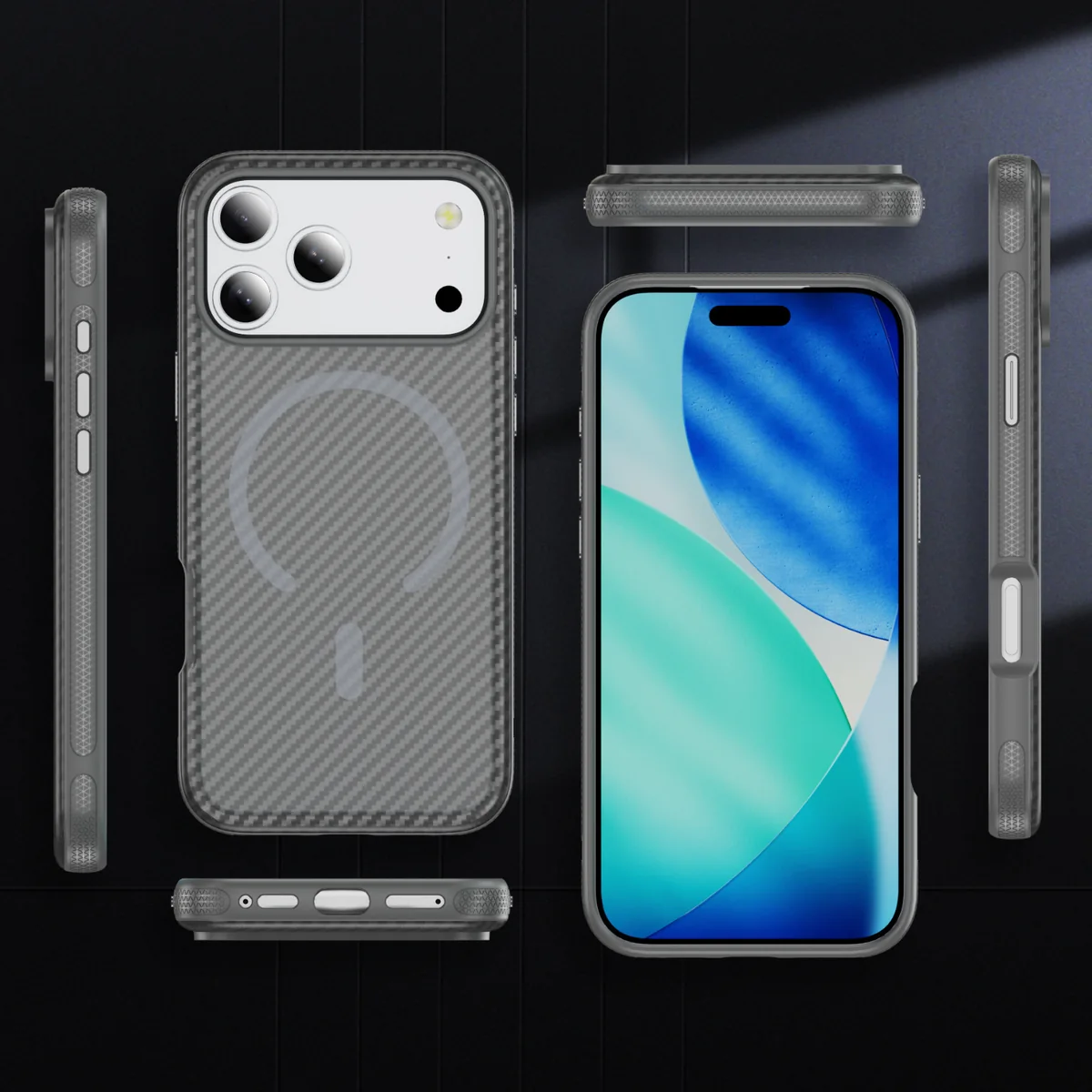 cross-border compatible with iPhone17Pro kickstand case carbon-fiber texture soft-touch magnetic ring shockproof phone case PC case wireless charging