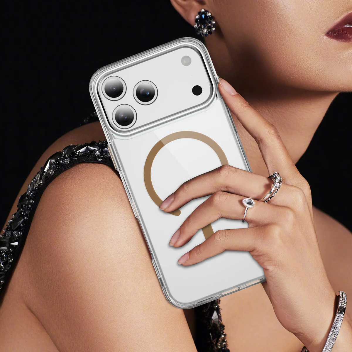cross-border compatible with iPhone17Pro Crystal Style ultra-clear shockproof phone case composite built-in N52 magnet cutout magnetic ring
