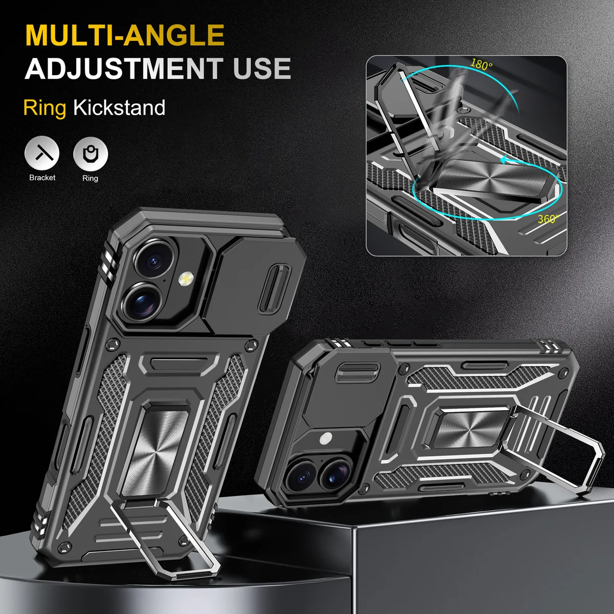 cross-border compatible with Apple iPhone17 Kejiang sliding camera cover shockproof phone case metal hardware kickstand usable in landscape usable in portrait