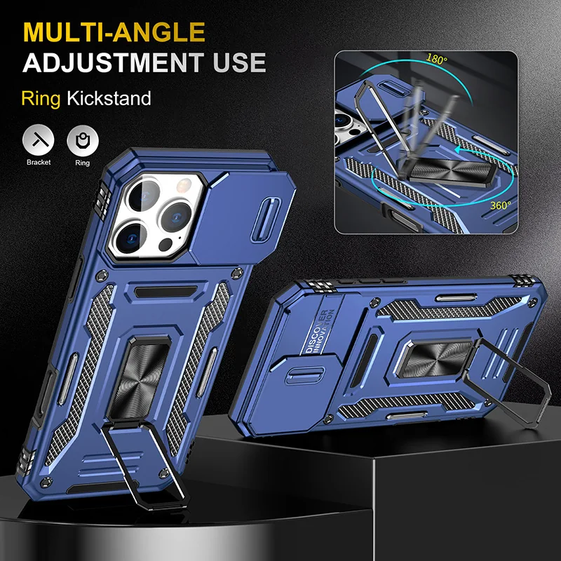 cross-border compatible with Apple IP16Pro Max Kejiang sliding camera cover shockproof phone case metal hardware kickstand usable in landscape portrait