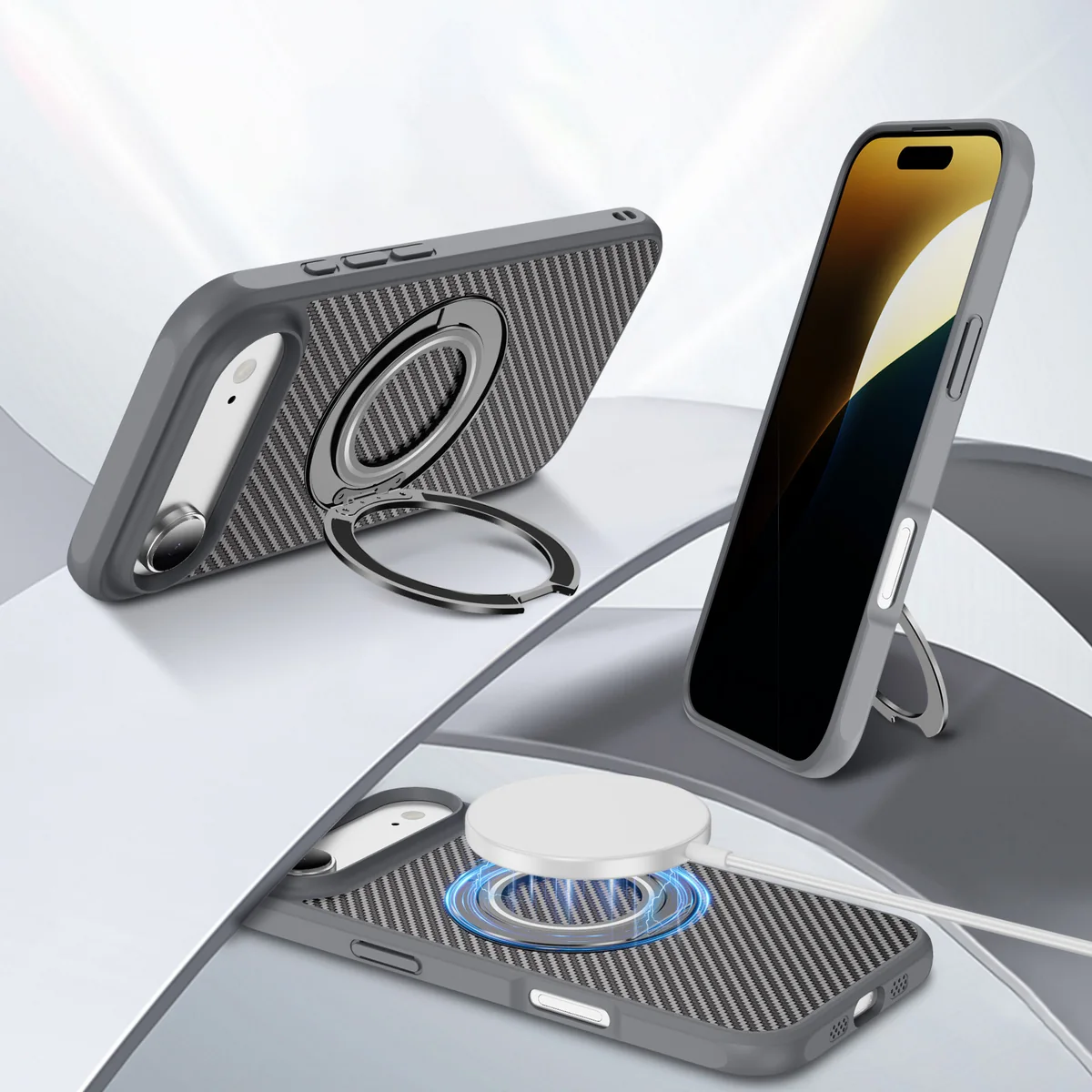 cross-border compatible with Apple iPhone AIR EyeShip carbon-fiber texture soft-touch gear kickstand C style wireless charging hand