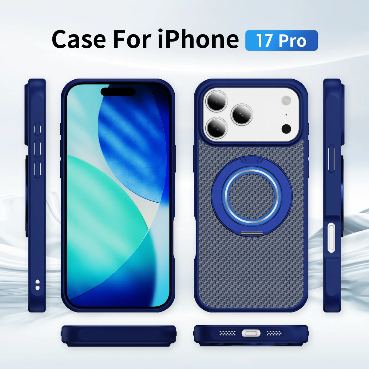 cross-border compatible with Apple iPhone 17 Pro EyeShip carbon-fiber texture soft-touch gear kickstand C style phone case