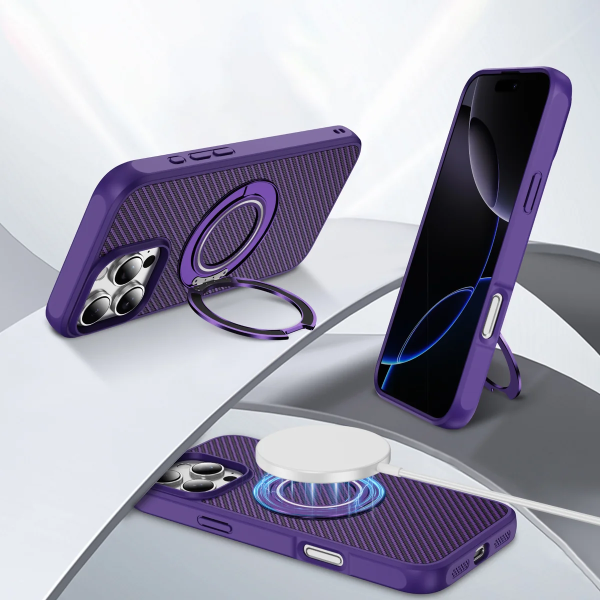 cross-border compatible with Apple iPhone16Pro EyeShip carbon-fiber texture soft-touch gear kickstand C style phone case 360