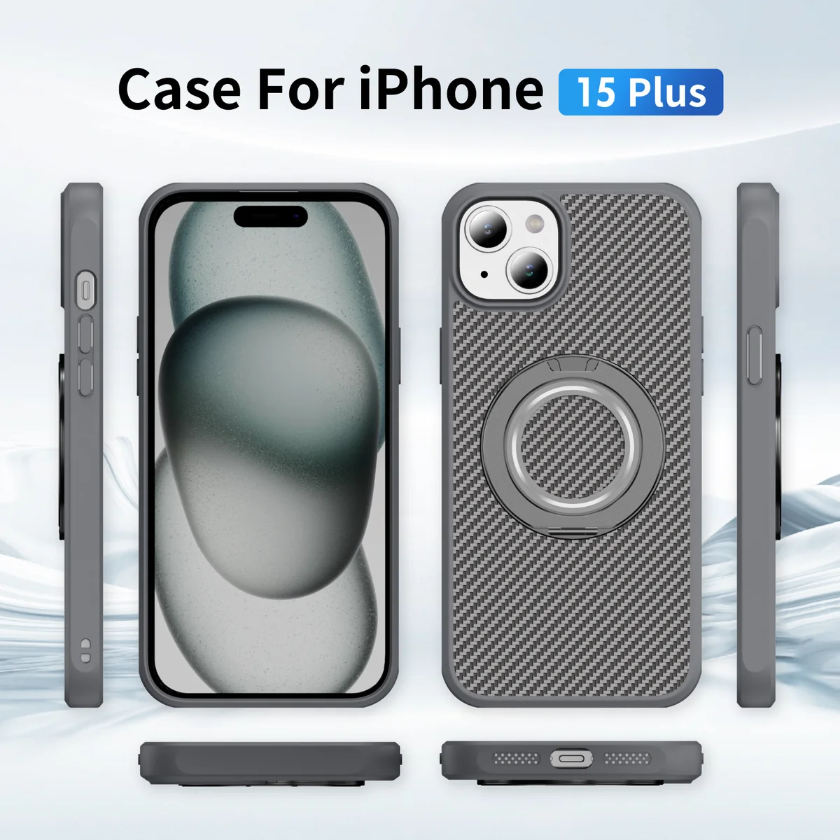 cross-border compatible with Apple IP15 Plus EyeShip carbon-fiber texture soft-touch gear kickstand C style phone case 360°