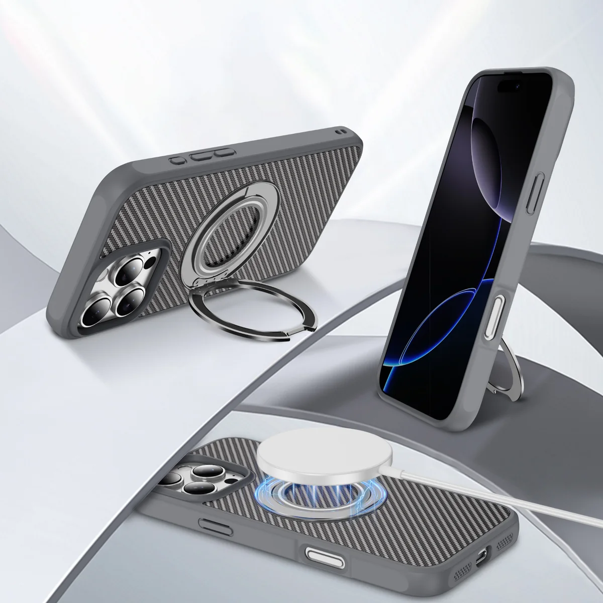 cross-border compatible with Apple IP16Pro Max EyeShip carbon-fiber texture soft-touch gear kickstand C style phone case 360°
