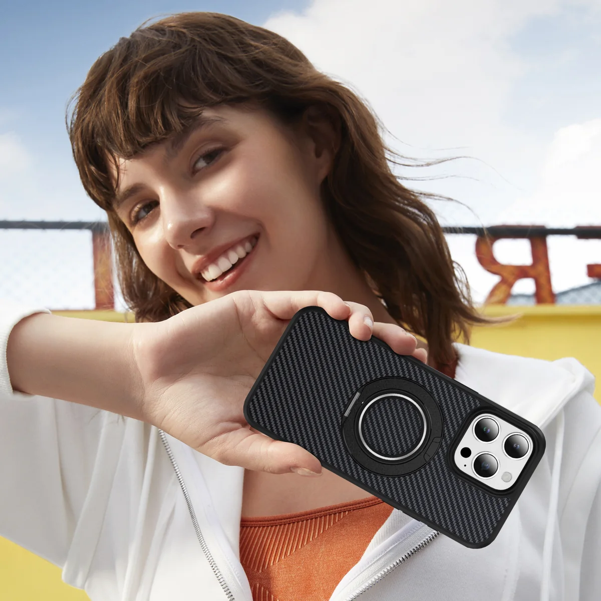 cross-border compatible with Apple iPhone15Pro EyeShip carbon-fiber texture soft-touch gear kickstand C style phone case 360°