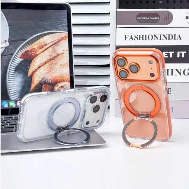 cross-border compatible with IP17ProMax ultra-clear two-tone gear kickstand phone case magnetic charging metal hardware camera frame