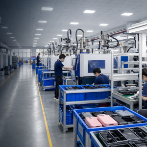 Phone case factory with injection molding machines and assembly lines