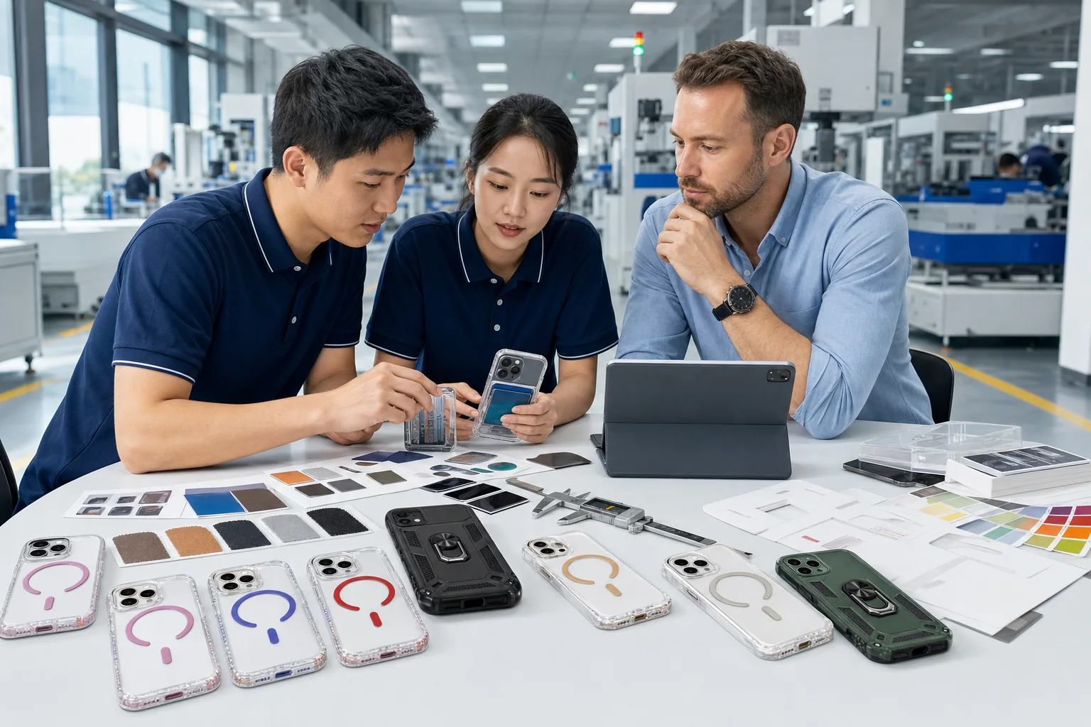 CHAMPIONS engineers reviewing OEM phone case samples with an overseas buyer